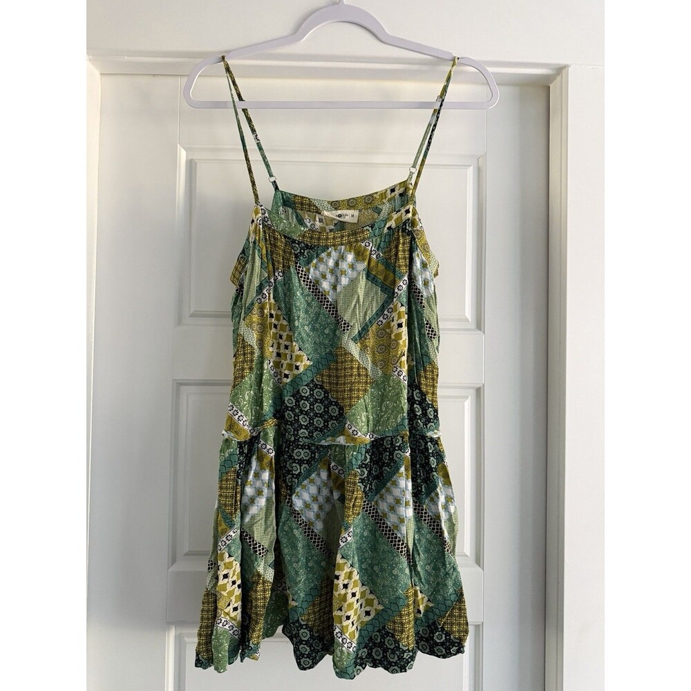 Natural Life Womens Medium Patchwork Green Floral Boho Hippie Tunic Mini Dress